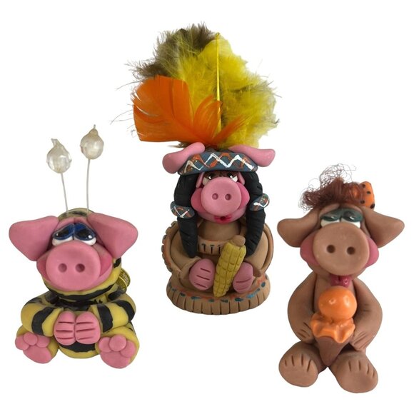3 Clay Pig Art Sculpture Figurines Bumblebee Native American Indian Girl - Picture 1 of 12